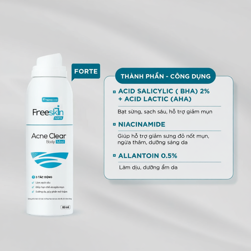 Xịt mụn Novocare - Freeskin Forte - Acne Clear Body Mist 80ml