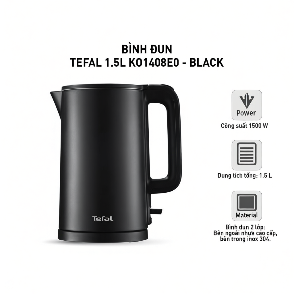 Bình đun Tefal 1.5L KO140AE0/K01408E0 - Rise/Black