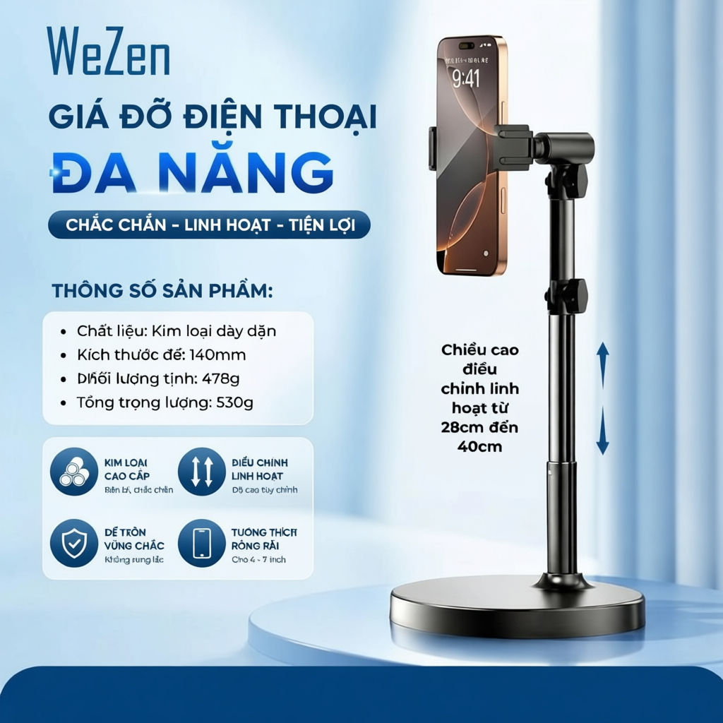 [Đế nặng+thanh kim loại] Chân Kẹp Điện Thoại Quay Video Bẻ Góc 180 độ, Xoay 360 độ GD07