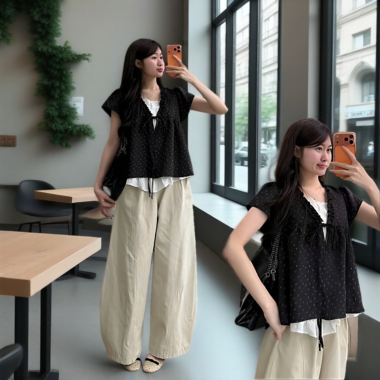 ÁO HAI LỚP HOA NHÍ viền bèo cộc tay có nơ ngực họa tiết phối ren Áo Kiểu Nữ Bigsize có size tới 100kg Huyền Lucy Bigsize