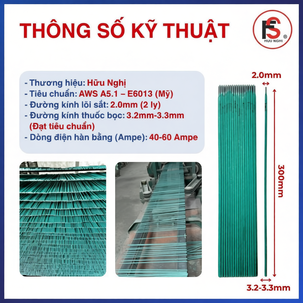 Que Hàn Xanh 2.0mm E6013 Hàn Vật Liệu Mỏng Không Lo Thủng
