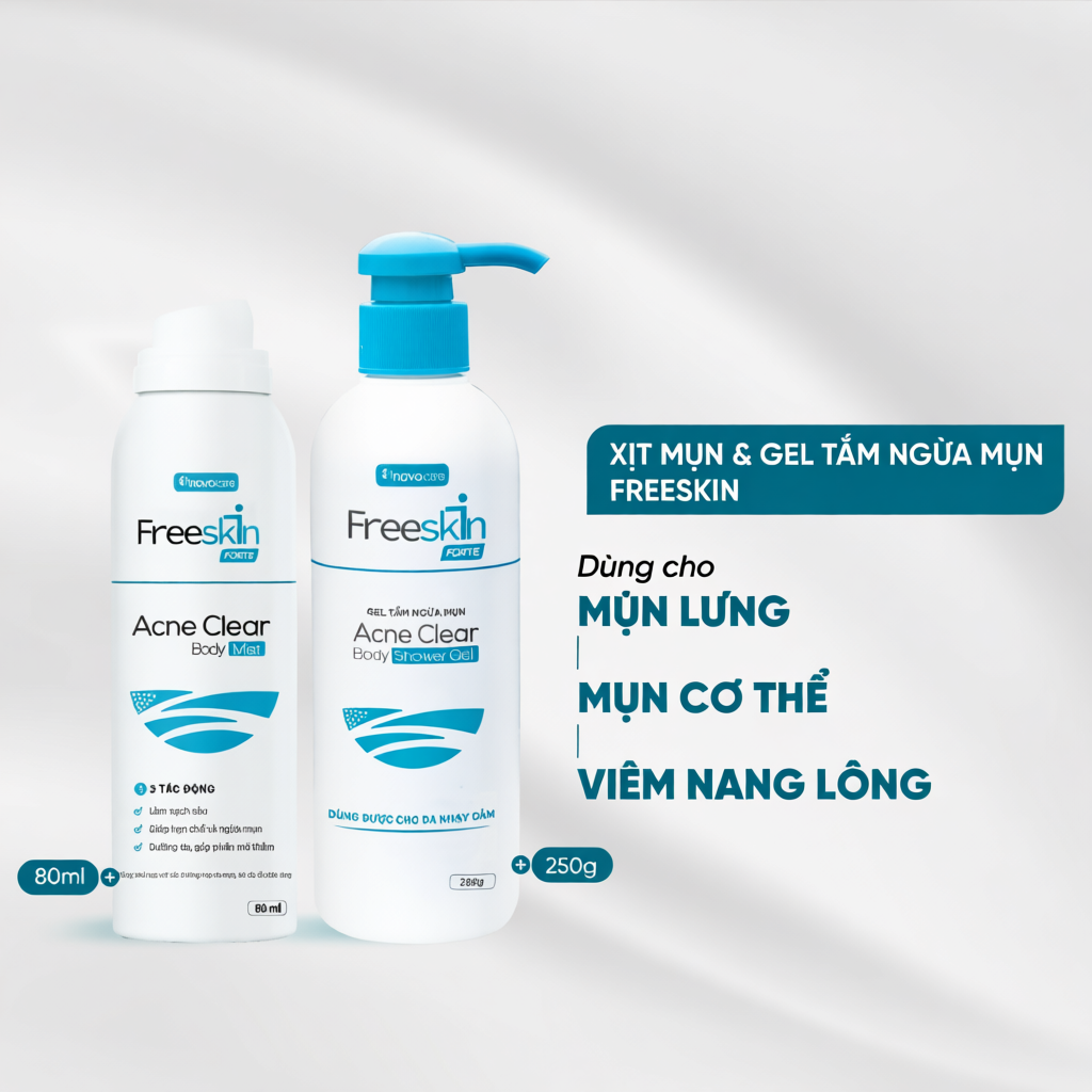 Combo Xịt mụn Acne Clear Body Mist 80ml & Gel tắm Acne Clear Body Shower Gel 250ml Novocare - Freesk