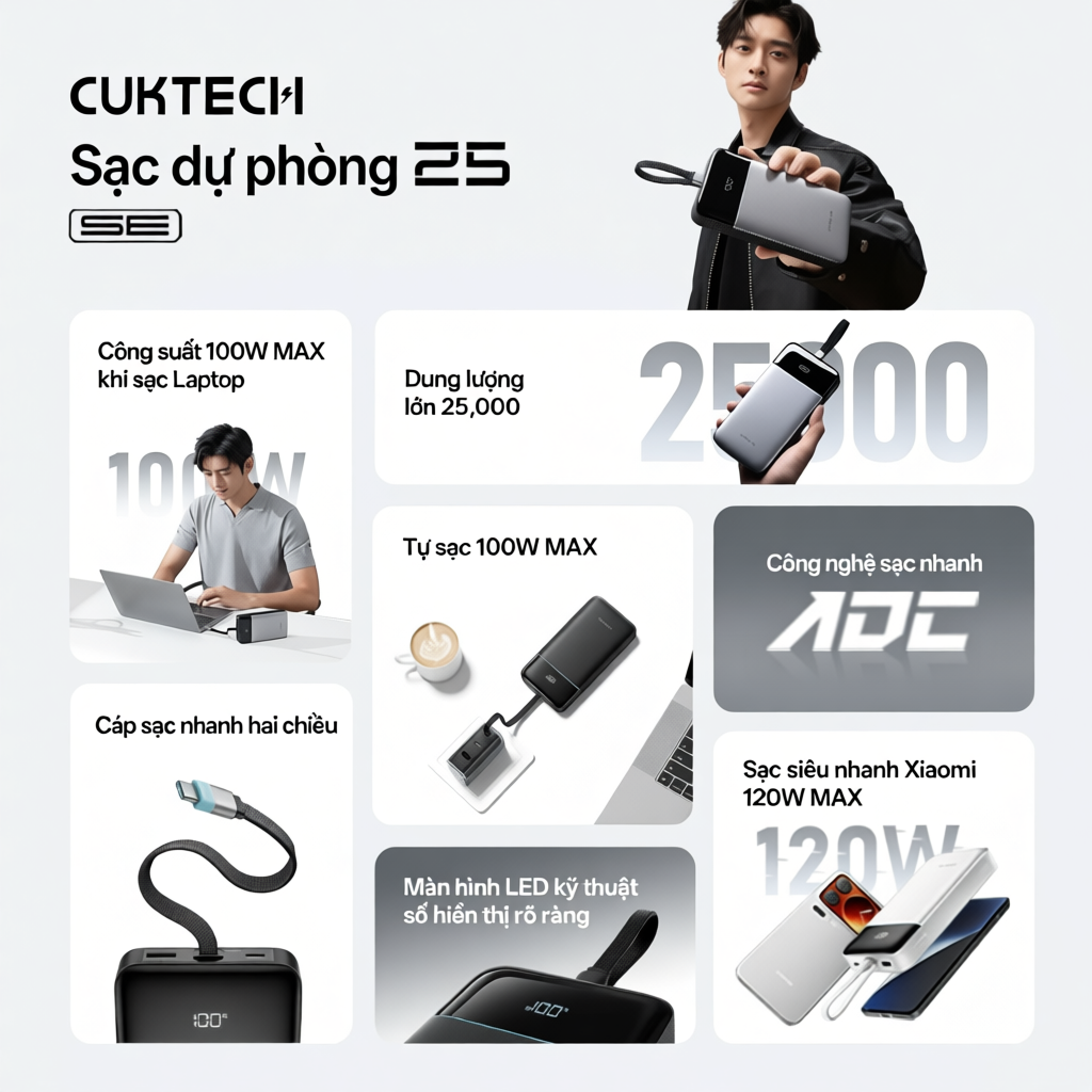 【Được chứng nhận CCC】CUKTECH 120W 25000mAh Sạc Nhanh Công Suất Cao Pin Dự Phòng – Hỗ Trợ Xiaomi 120W