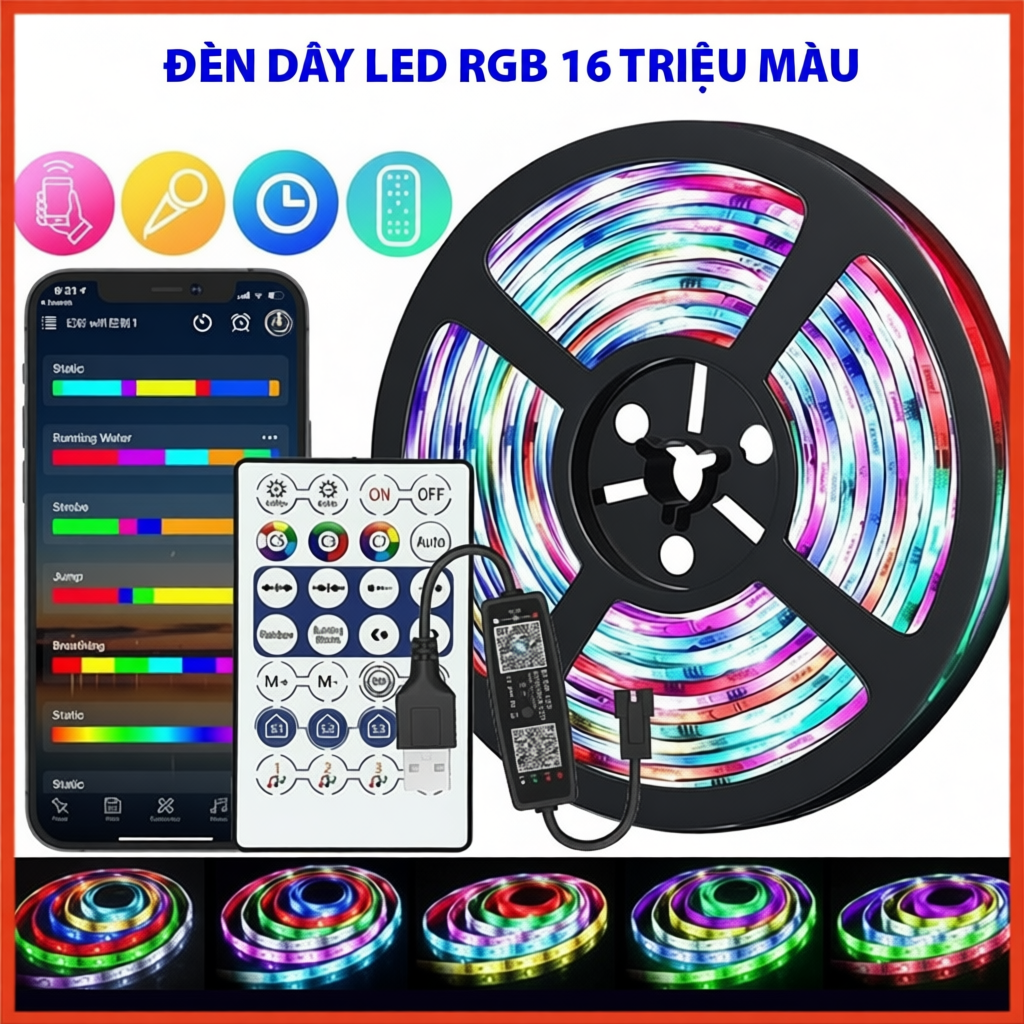 Dây Đèn Led RGB 16 Triệu Màu 5m 10m Nháy Theo Nhạc Điều Khiển Bằng Điện Thoại, Dây LED RGB Trang Trí