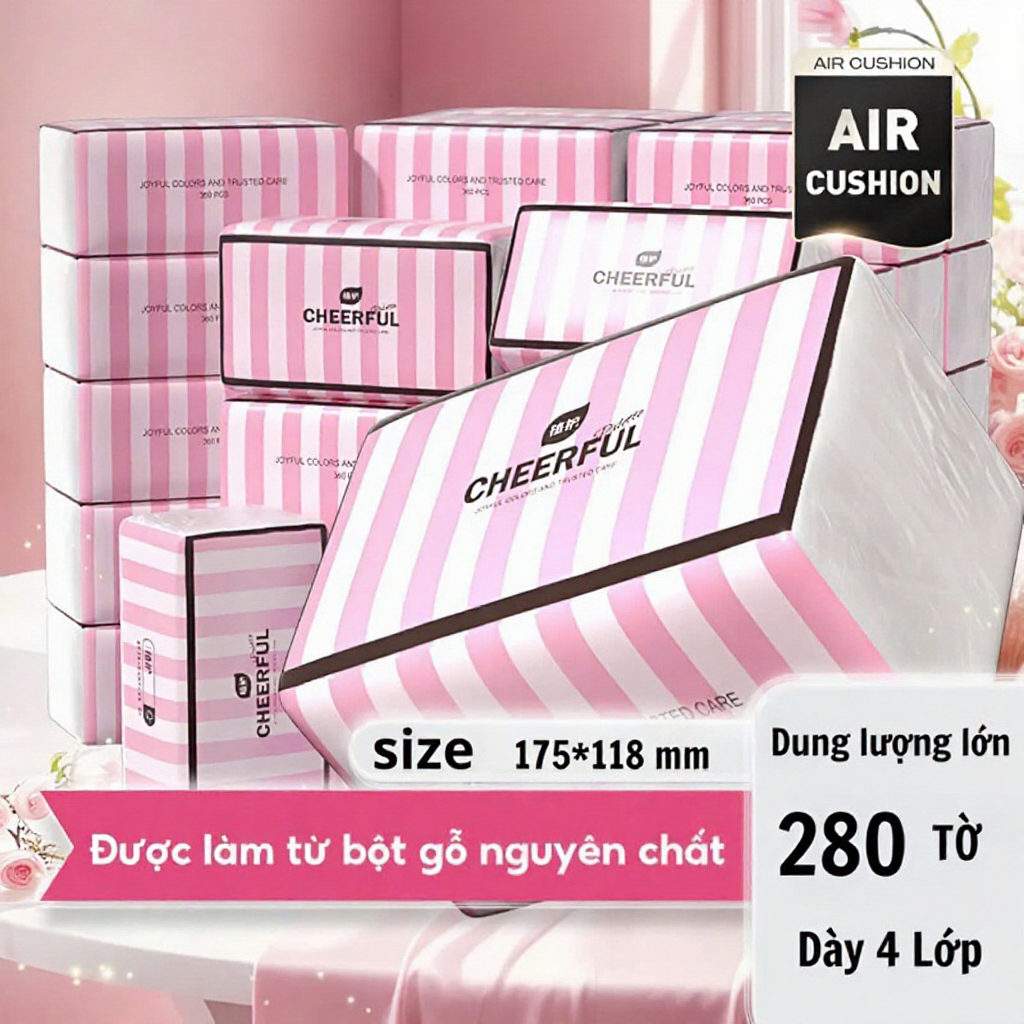 Thùng 30 Gói Giấy Ăn CHEERFUL Hồng, 4 Lớp Dai Mềm Mịn , Làm Từ Bột Gỗ Tự Nhiên Cao Cấp