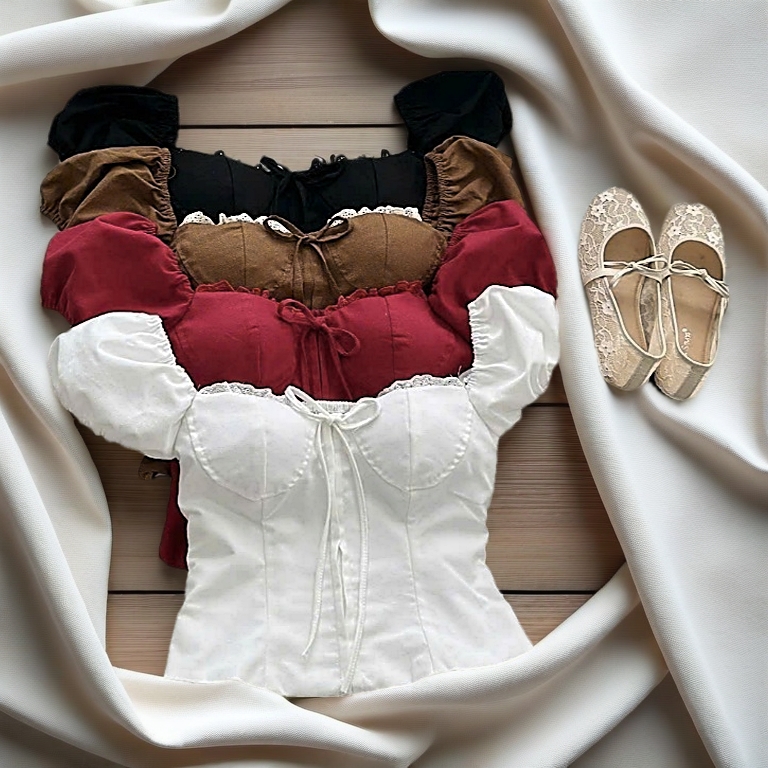 ÁO TAY BỒNG PHỐI VIỀN REN (A247) - Chất liệu linen mềm, cổ phối viền ren, có mút ngực