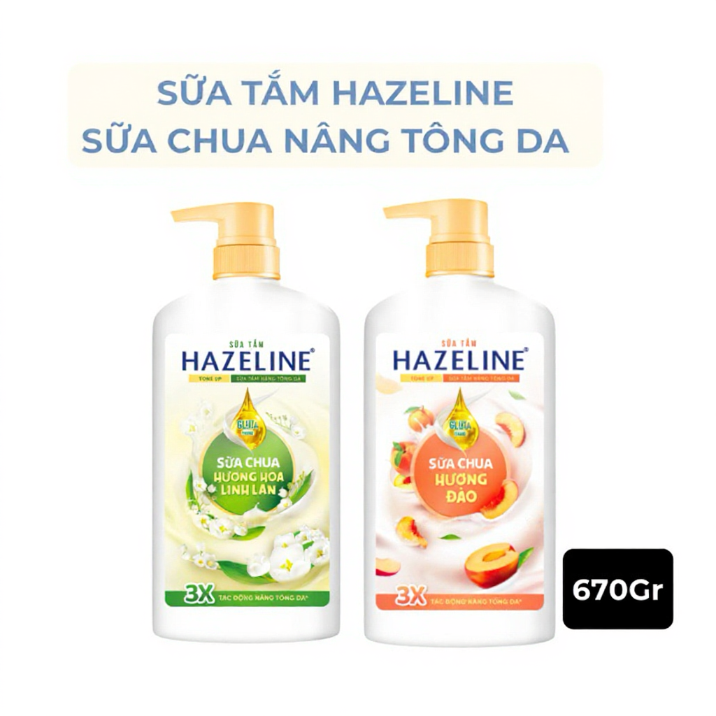 SỮA TẮM NÂNG TONE DA HAZELINE SỮA CHUA HƯƠNG ĐÀO, HƯƠNG LINH LAN 670G