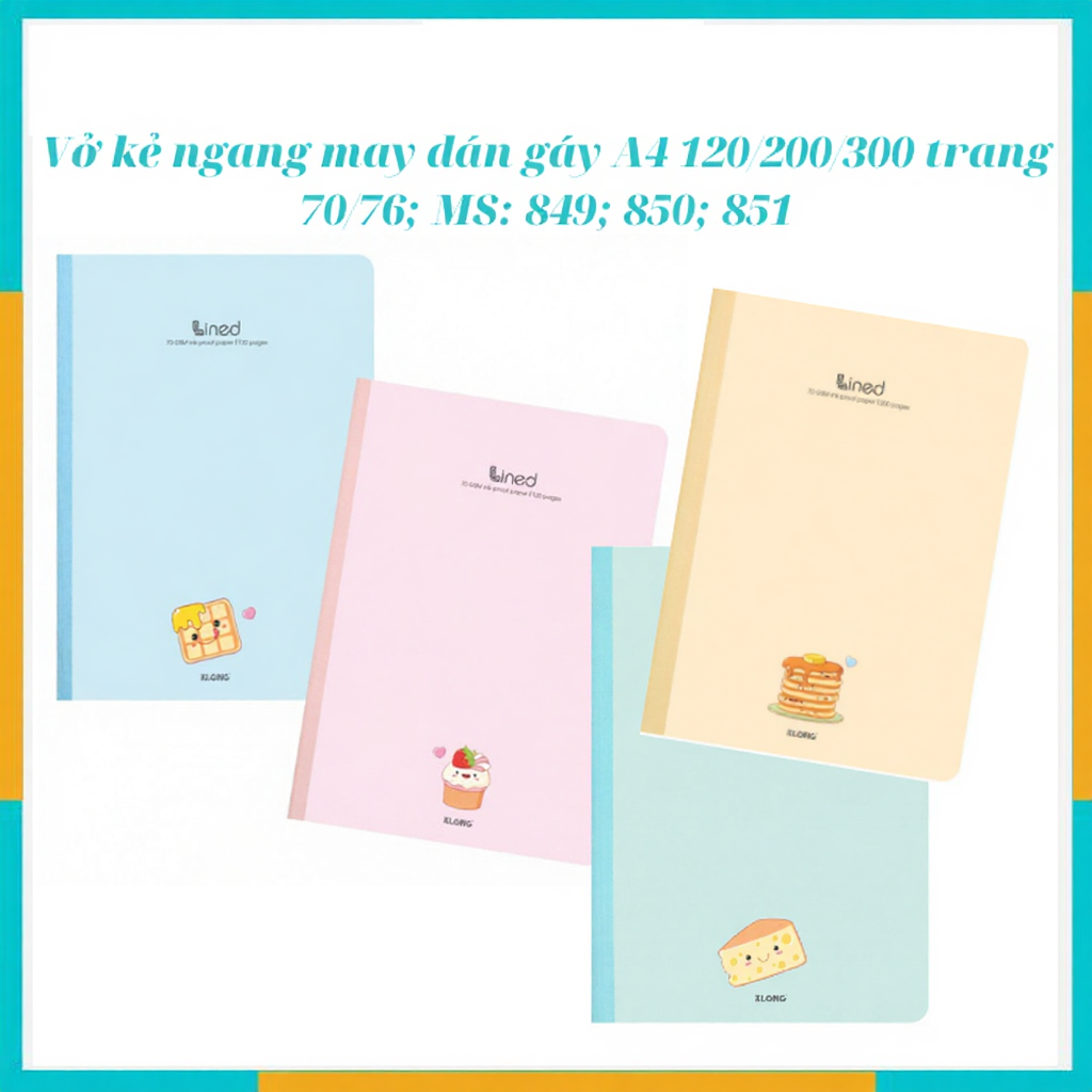 Tập kẻ ngang may dán gáy Klong A4 DL 70gsm bìa foodie dễ thương 120, 200, 300 trang