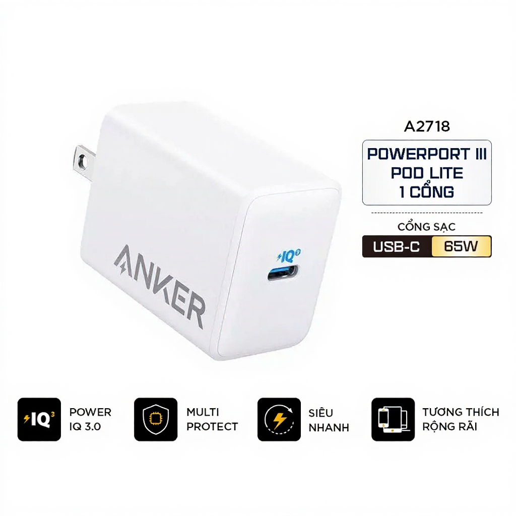 Sạc Anker 1 cổng PowerPort III Pod Lite 65w - A2718