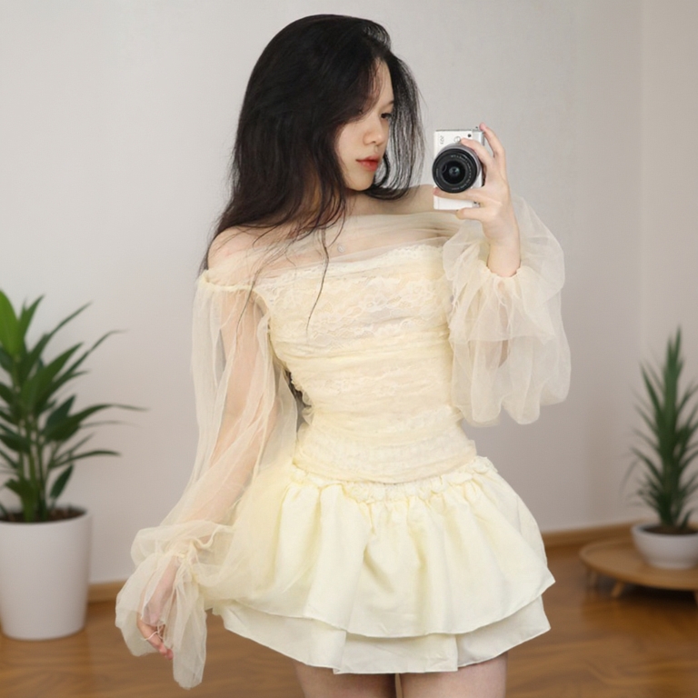 (Ảnh Chính Chủ) Sét Áo Ren Lưới Trễ Vai Tay CHỮ "MD" Dài Tiểu Thư 3 Lớp + Chân Váy 3 Lớp Xòe Tôn Dáng