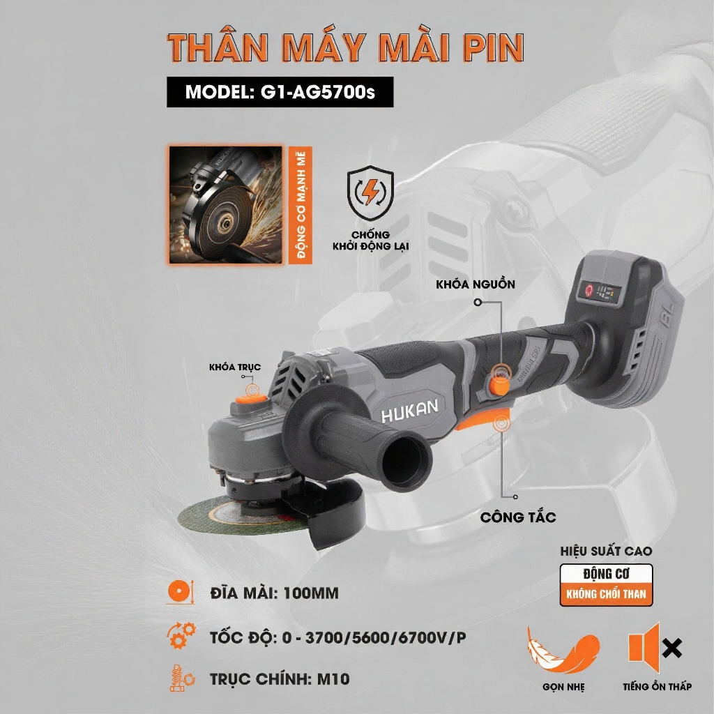 Máy mài pin HUKAN G1-AG5700s, Không chổi than 3 Tốc độ Công tắc bụng, CHỐNG KHỞI ĐỘNG LẠI