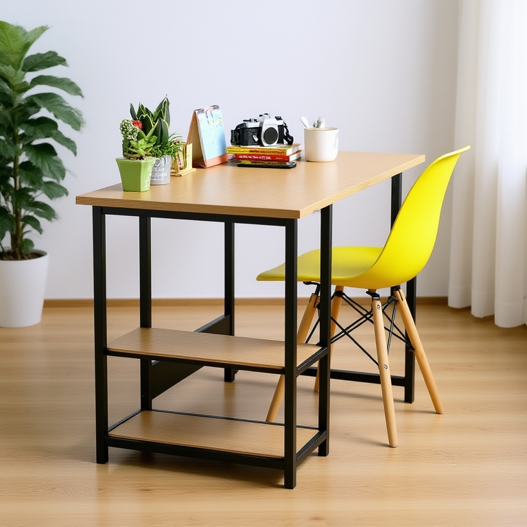 Bàn làm việc có kệ lửng, kèm kệ sách cao 75cm (có phụ kiện ốc vít kèm theo) chân sắt, mặt ván mdf, mẫu mới Nội thất Măng