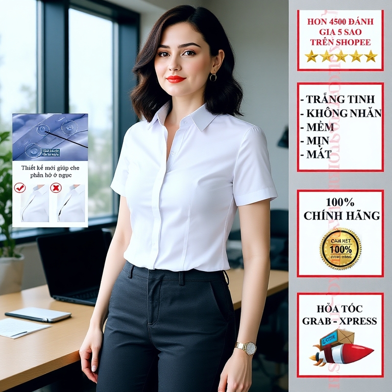 [voucher giảm 10%] Sơ mi công sở nữ ngắn tay dáng Hàn Quốc