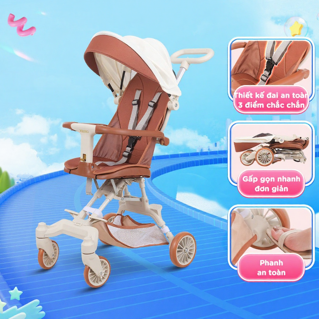 Xe đẩy gấp gọn Chilux M55 - Thiết kế đai an toàn 3 điểm, mái che nhiều nấc