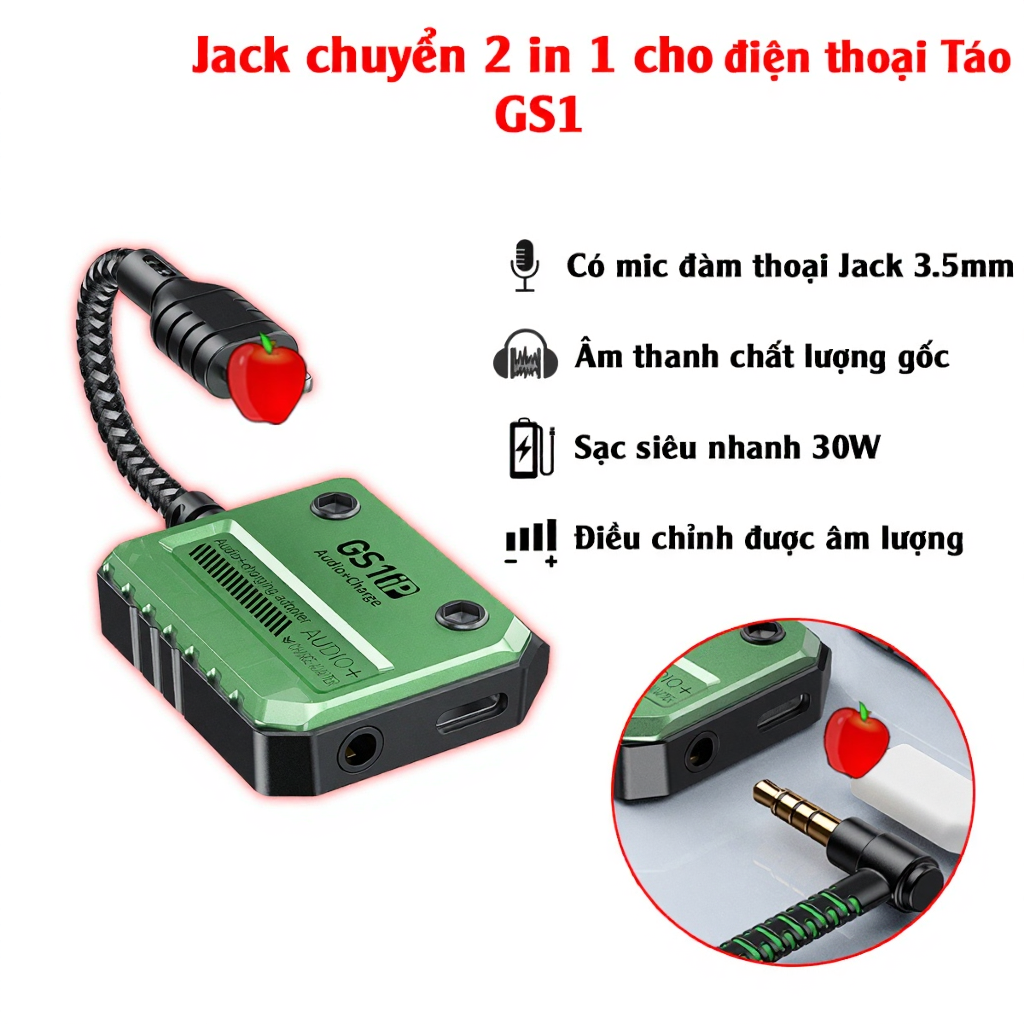 Jack chuyển đổi Plextone GS1 iP TypeC to 3.5mm hỗ trợ sạc nhanh cho điện thoại và có mic