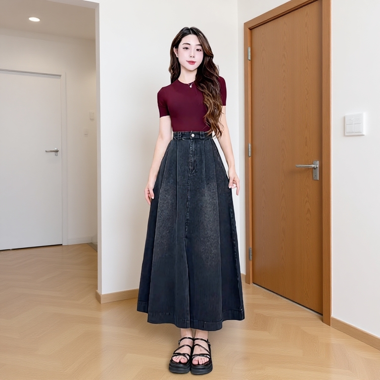 [SHOPEE TRỢ GIÁ] Chân váy jeans SARAMIA, chân váy bò nữ xanh đen dáng xòe dài cạp lưng cao chất không co giãn V18