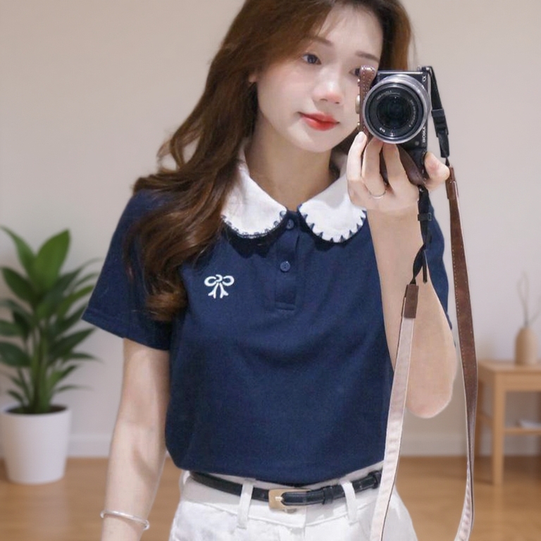 Lista Áo Polo Nữ Thêu Nơ cổ phối điệu đà - Cotton tổ ong sang trọng thanh lịch size tới 85 Kg (M18)