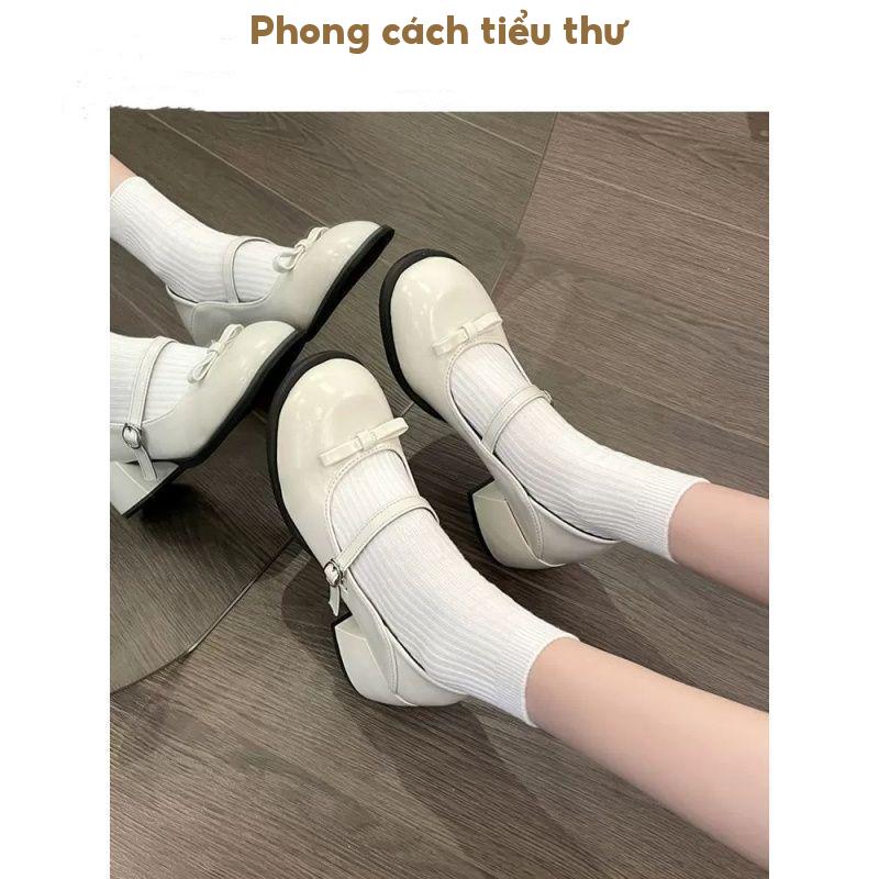 [FORM RỘNG LÙI 1 SZ] Giày Đốc Nữ Đế Cao 5P Tiểu Thư Đính Nơ Xoè Viền Ren Phong Cách Hàn Quốc Mã V098