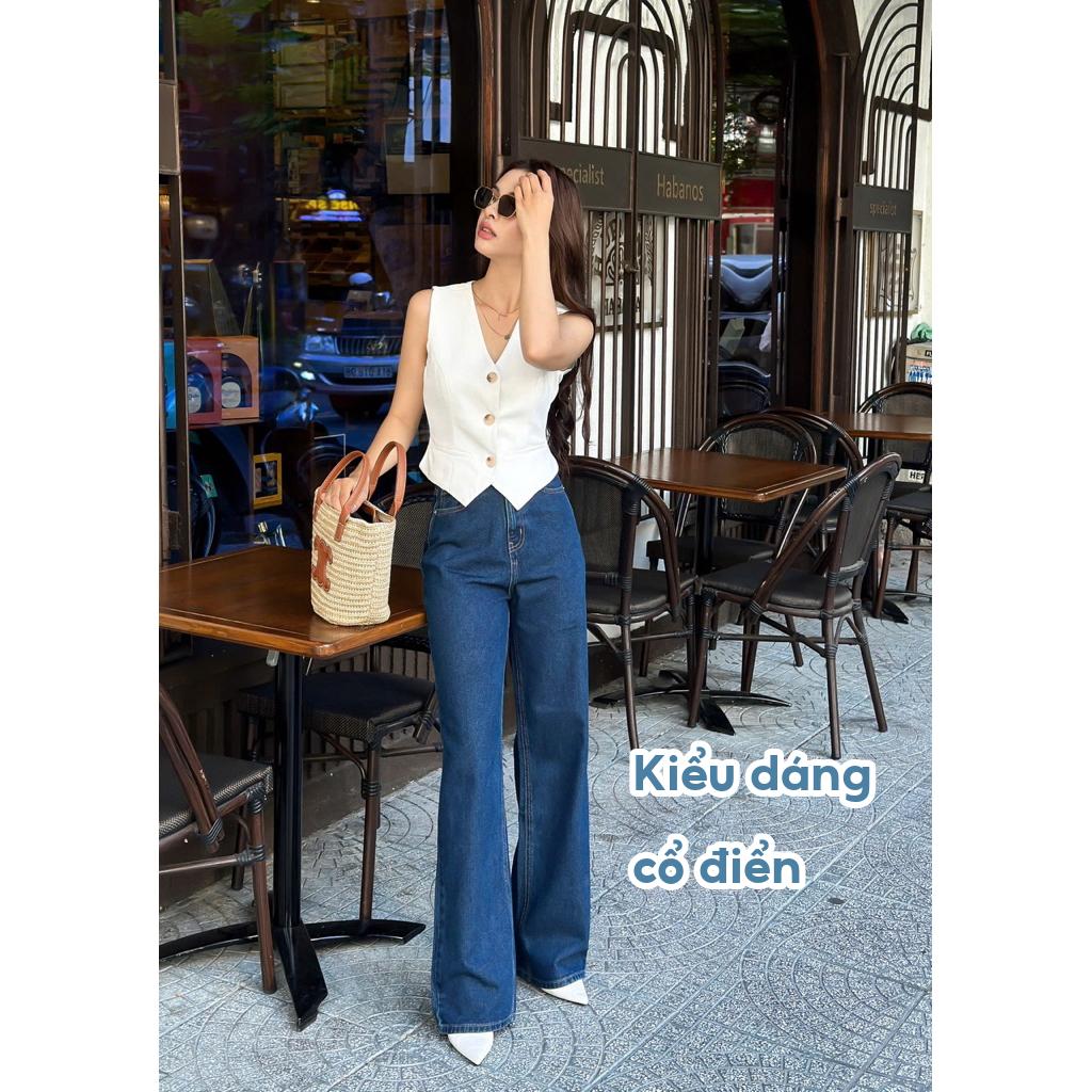 Quần IVORY JEANS nữ ống suông đứng vải denim cotton cao cấp khuy cắt sẵn