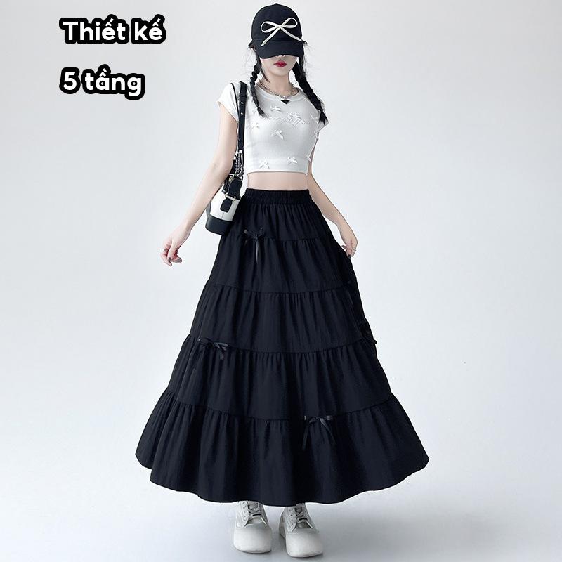 Chân váy dài midi ullzzang 5 tầng DEC 2209 , Chân váy maxi đính nơ tiểu thư đi dịu dàng cho nữ