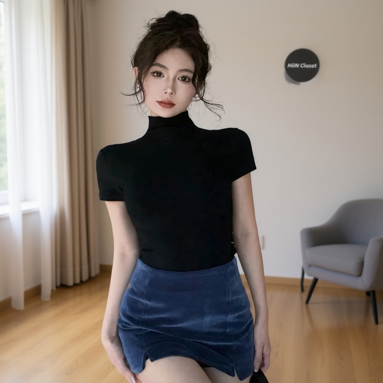 Áo thun nữ cổ leo 3p chất liệu zip co giãn hàng loại 1 - Áo thun nữ trơn basic HiiNCloset - 140