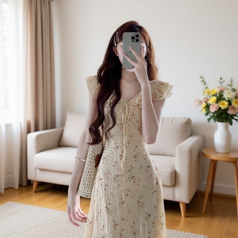 Váy hoa nhí dáng dài phối cổ bèo đi biển siêu xinh xixeoshop - V49