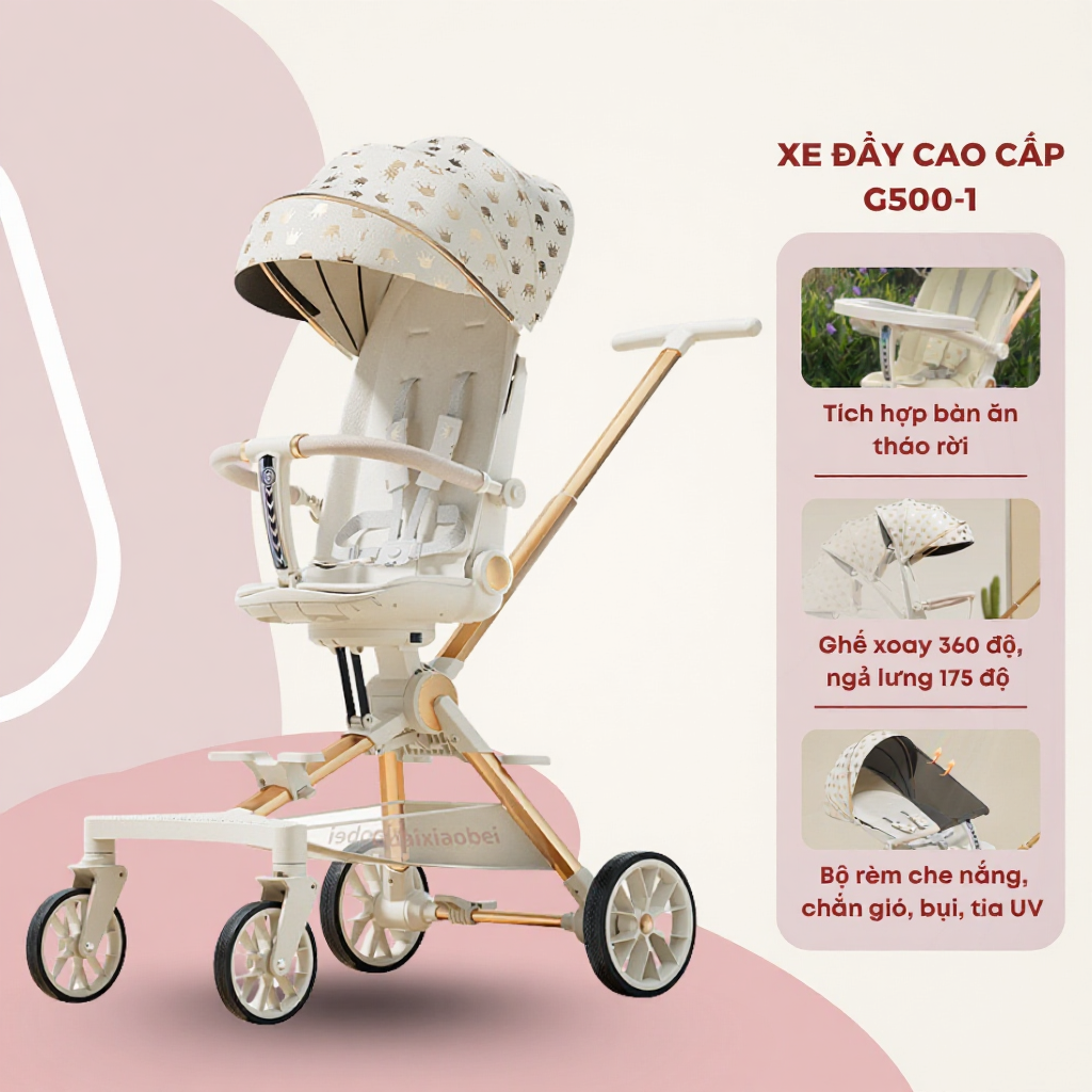 Xe đẩy cao cấp G500-1 dành cho bé từ sơ sinh, gấp gọn, đảo chiều, 3 tư thế, tặng khay bàn ăn, có lò 