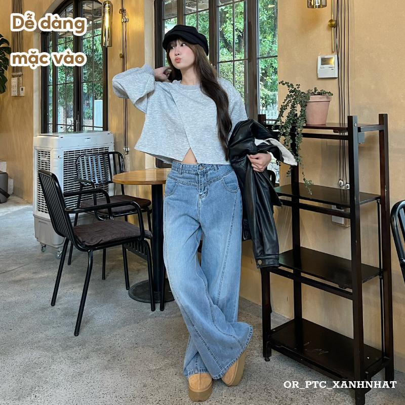 Quần Jeans nữ form dáng ống rộng có viền sọc giữa phong cách basic Hàn Quốc