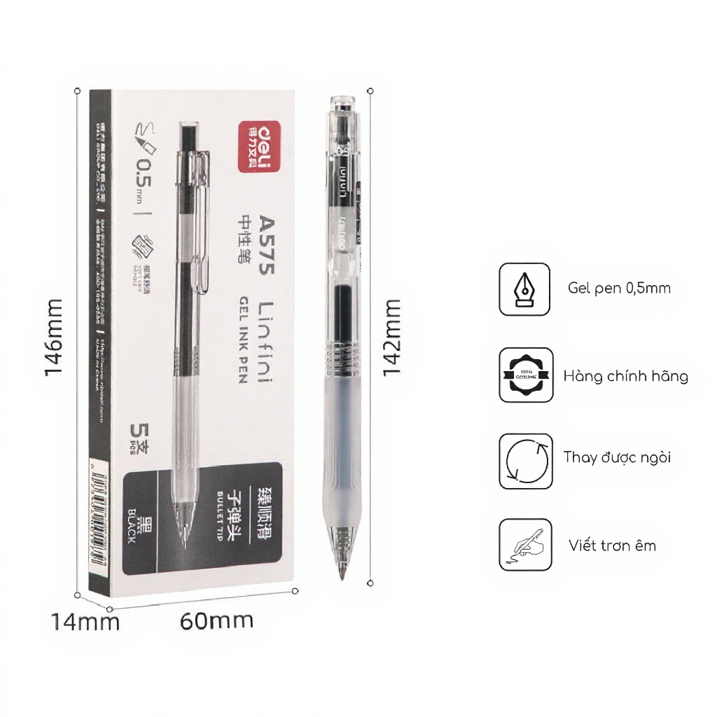 Bút bi Deli A575 ngòi 0.5mm mực đen