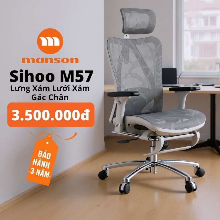 [Hoả Tốc 30 Phút] Ghế SIHOO M57, M57B, MANSON VERA Gác Chân Màu Đen, Trắng Xám - Ghế Công Thái Họ