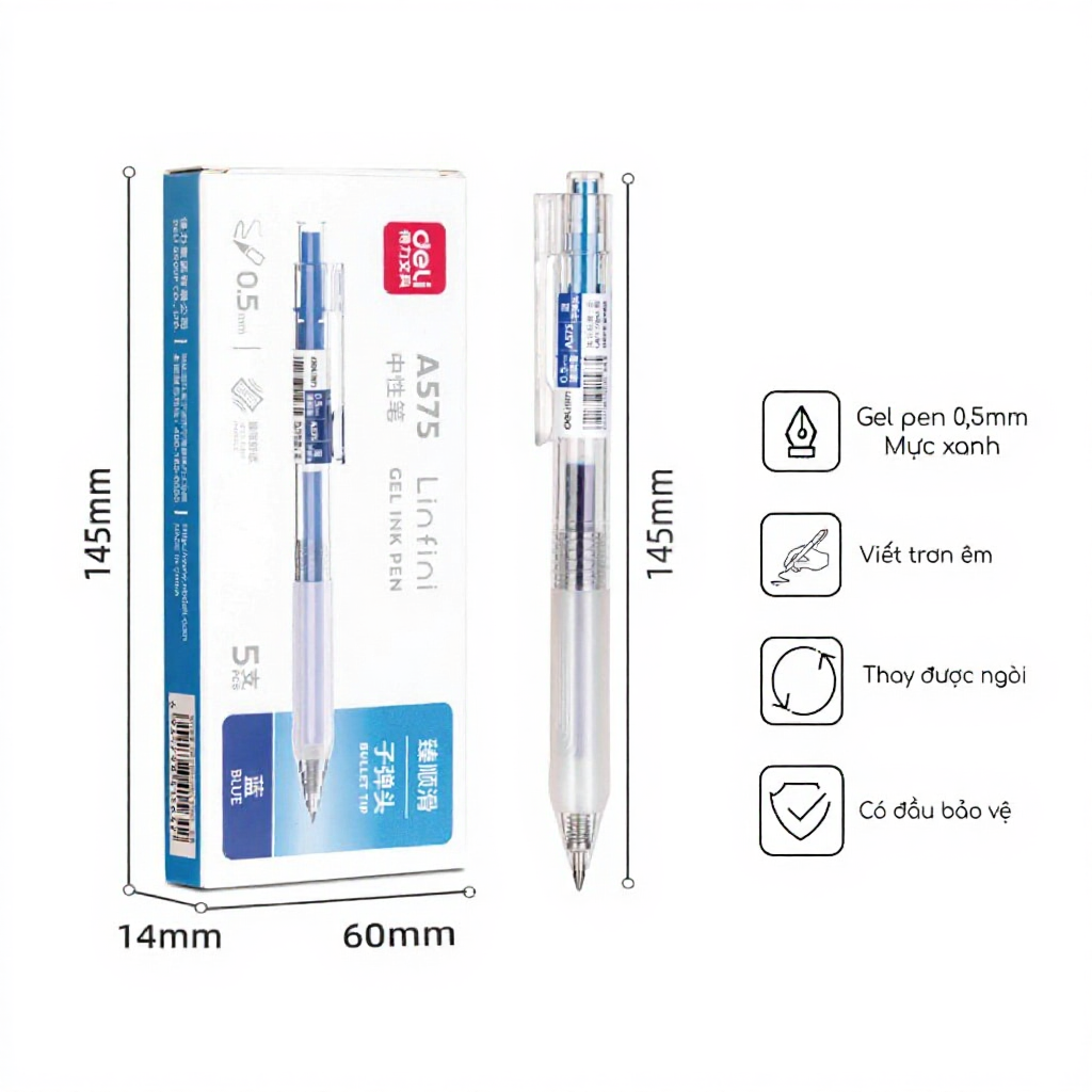Bút Bi Mực Gel Deli A575 Mực Xanh Ngòi 0.5