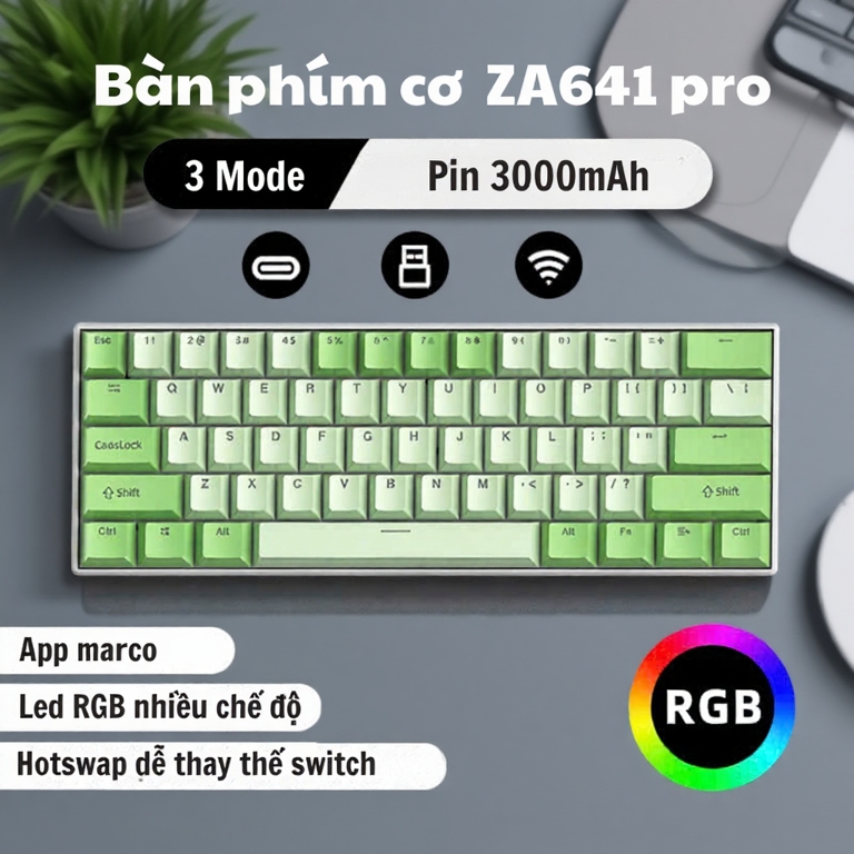 Bàn Phím Cơ Không Dây Bluetooth Atas ZA641 Pro - 64 phím - Red switch - Hotswap - Pin sạc - Có app