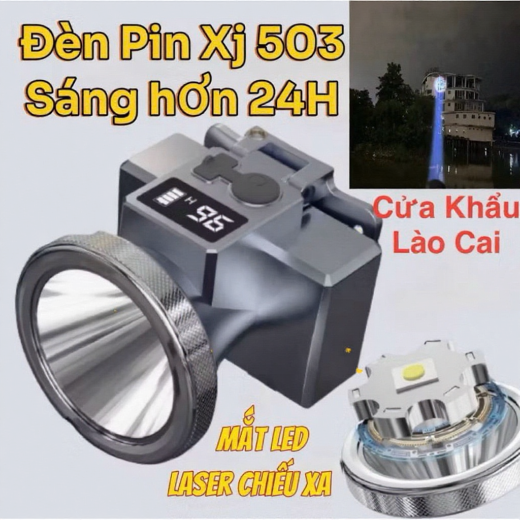 (Có Củ Sạc) Đèn Pin Đội Đầu XJ503 5200mAh, Siêu Sáng Tích Hợp Báo Hiển Thị Thời Gian