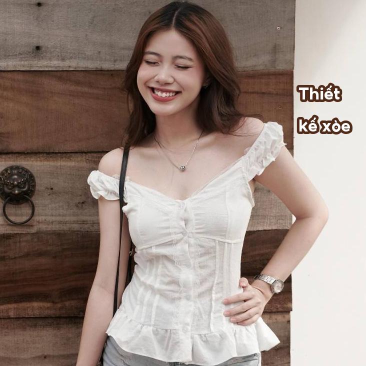 Áo Babydoll Kiểu Xinh Nữ Vạt Xòe Phối Cúc Bọc Vải Mùa Hè SS2025 - KA534 Shees Thời Trang Nữ