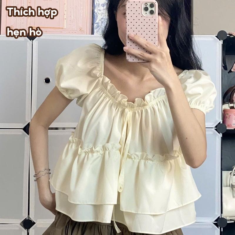 Tiany AT009 Áo Babydoll Tay Phồng Phối Bèo Free Size Màu Trắng Tinh Khôi Chất Cotton Mềm Mại Thoáng Mát Phong Cách Nữ