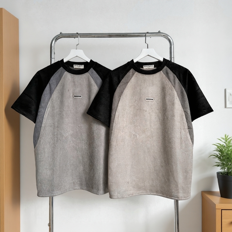 Áo thun tay lỡ vải da lộn DATO màu ĐEN/XÁM - áo phông phối màu form rộng unisex nam nữ/ Jaystoree