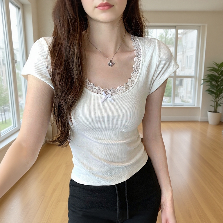 Áo thun nữ DAZZI viền ren phối nơ,áo thun babytee cổ vuông form ôm co dãn 4 chiều A015