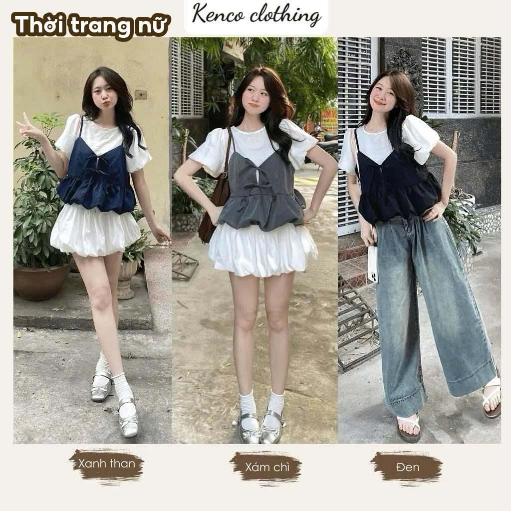 Set Áo Đũi Tay Bồng Kèm Yếm 2 Dây Nơ Trước Phối Dáng Bí (Có Lẻ Áo) S818 Kenco clothing Thời Trang Nữ