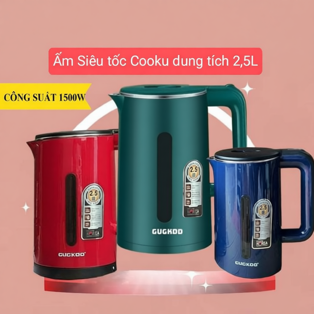 Ấm đun nước cooku dung tích 2,5L công suất 1500W.
