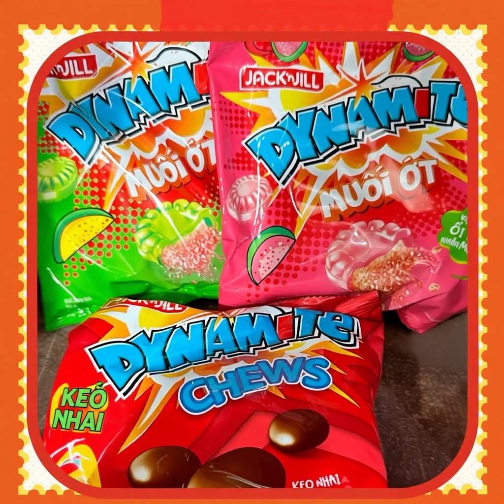 Gói kẹo dynamite hương dâu, socola, muối ớt có nhân, kẹo ngậm có nhân dynamite, các vị
