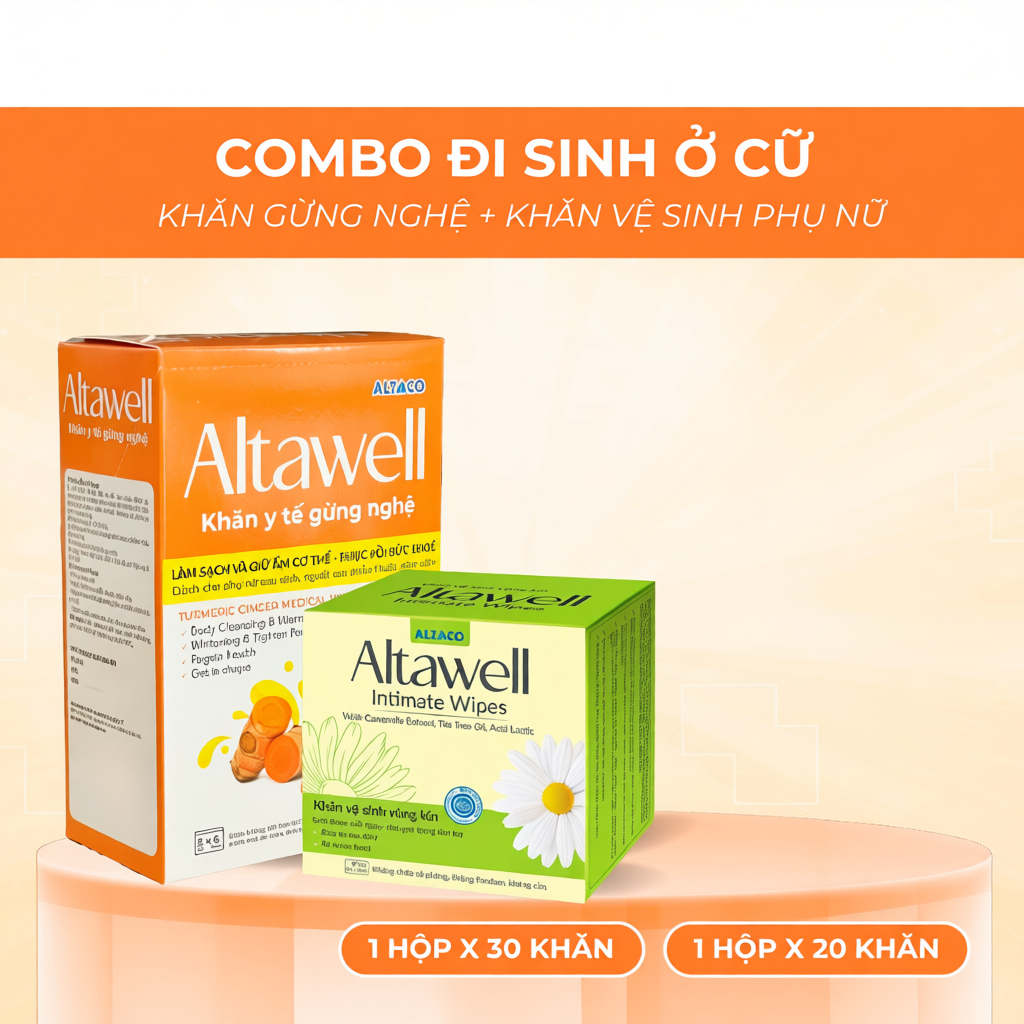 Combo Đi Sinh Altawell Khăn Y Tế Gừng Nghệ & Khăn Vệ Sinh Phụ Nữ Làm Sạch, Khư Mùi, An Toàn Tiện Lợi