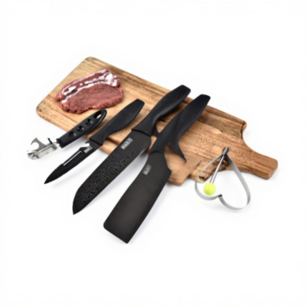 Bộ Dao 5 Món JAPAN ASAKH Bằng Thép Không Gỉ Đen Nhám Cao Cấp Gồm có Dao Chặt, Dao Thái, Dao Gọt Trái