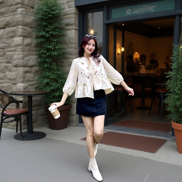 Áo Babydoll Kem ODS thiết kế, thêu hoa 2 bên thân, bèo 1 tầng, tay phồng lỡ, thời trang, trẻ trung - SIA43