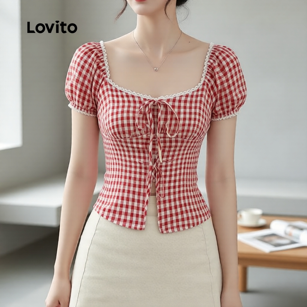 Lovito Áo sơ mi nữ kiểu ren xuân hè màu đỏ trắng L189ED900