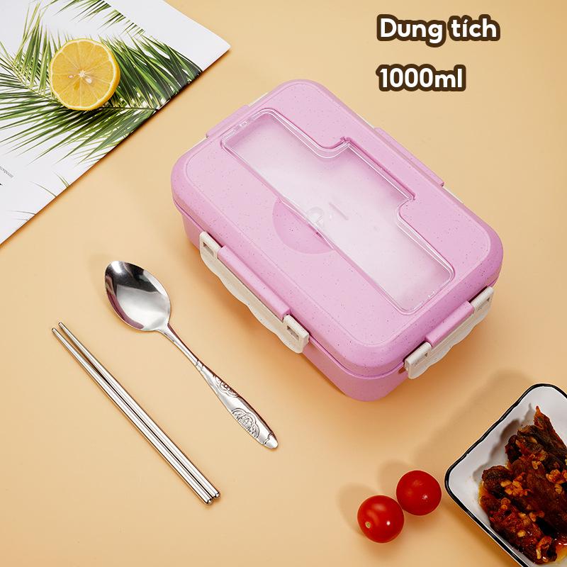 Hộp cơm lúa mạch 3 ngăn, Hộp đựng cơm văn phòng có thể quay lò vi sóng Tặng đũa thìa inox