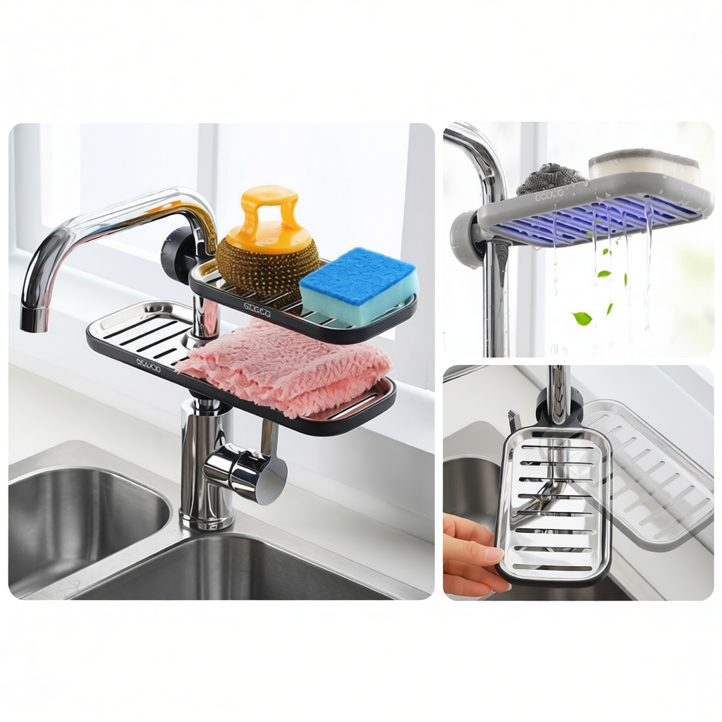 Giá Đỡ Xà Phòng Gắn Vòi ECOCO E1913, Kệ Để Đồ Rửa Chén Bát Chất Liệu INOX 304 Cao Cấp