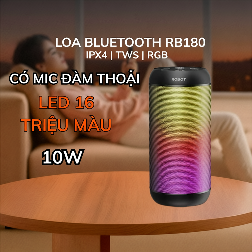 Loa Bluetooth ROBOT RB510 Bass Lớn Công Suất 10W Đèn Led RGB Chống Nước - Hỗ trợ Kết Nối Thẻ Nhớ/USB