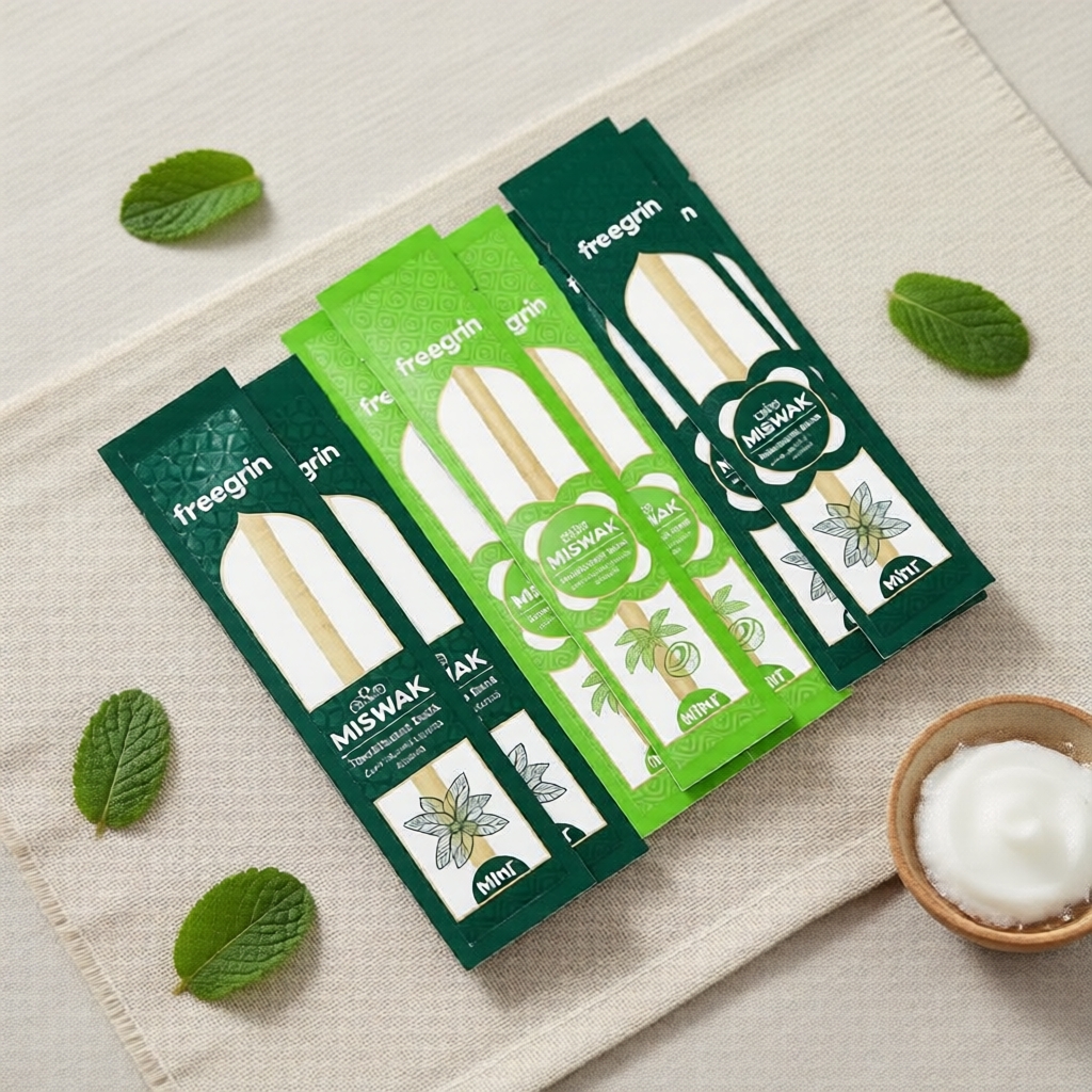 Bộ 9 Miswak Hồi giáo Freegrin: 3x Dừa, 3x Bạc hà A, 3x Bạc hà B cho răng