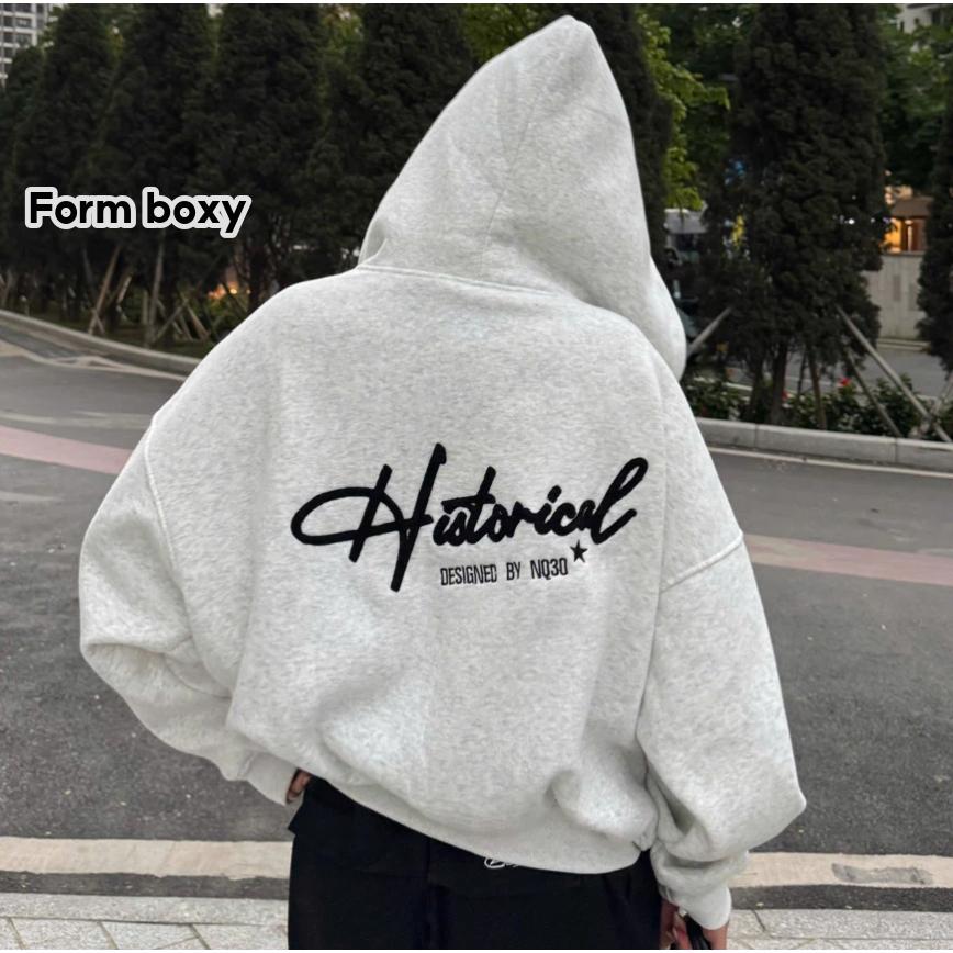 Áo Khoác Hoodie Zip COTTON Thêu Xù NQ30 HISTORICAL Form Boxy Form Rộng Nam Nữ Unisex
