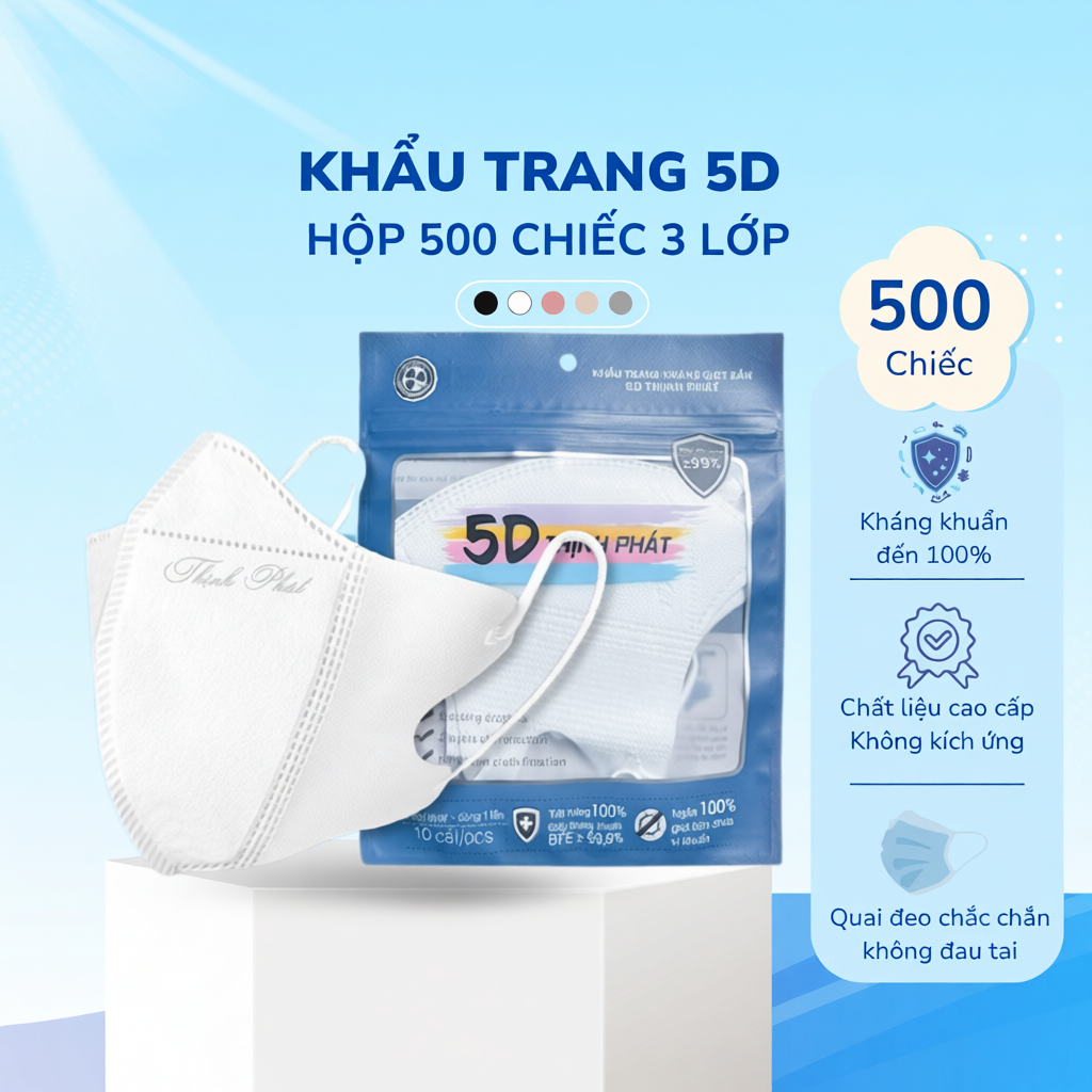 500 chiếc Khẩu Trang 5D Thịnh Phát, 3 lớp kháng khuẩn chống bụi mịn